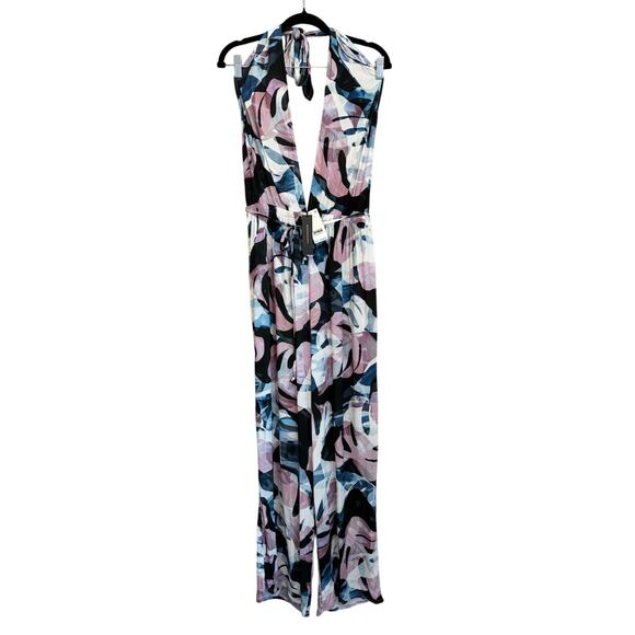 BCBGMAXAZRIA Plunge Halter Tropical Leaf Print Jumpsuit Womens M Multi Boho NWT - Picture 1 of 10